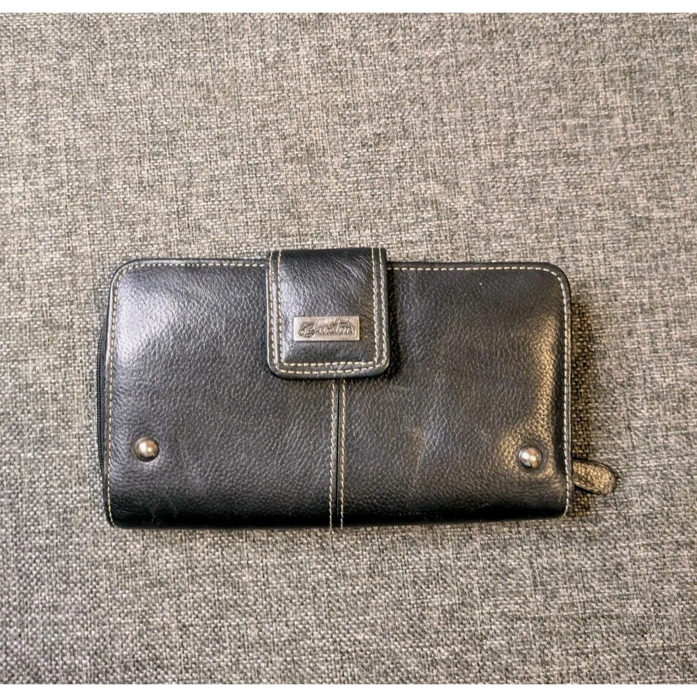 Buxton Wallet Women Black Genuine Leather ID Credit Card Holder Zipper Pockets
